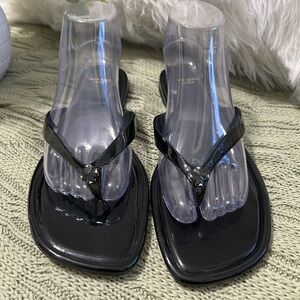 kate spade Black Patent Thong Sandals with Floral Accent
